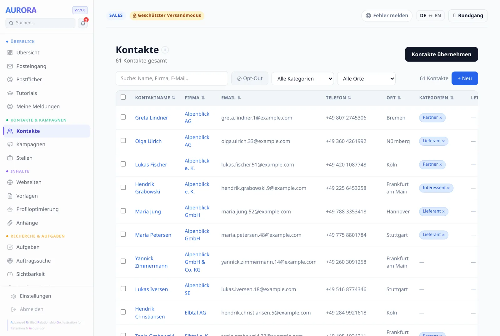 Über der Tabelle steht der Gesamtbestand („61 Kontakte gesamt“), rechts daneben die Zahl nach Filter. Die beiden gehen auseinander, sobald ein Filter greift.