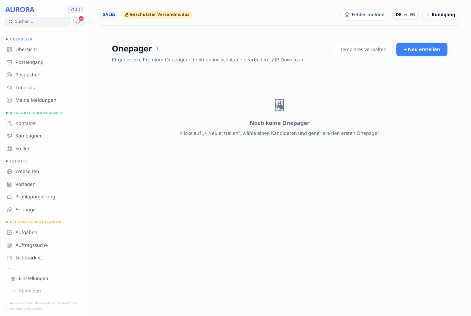 „+ Neu erstellen“ oben rechts, daneben „Templates verwalten“ für die Gestaltungen.