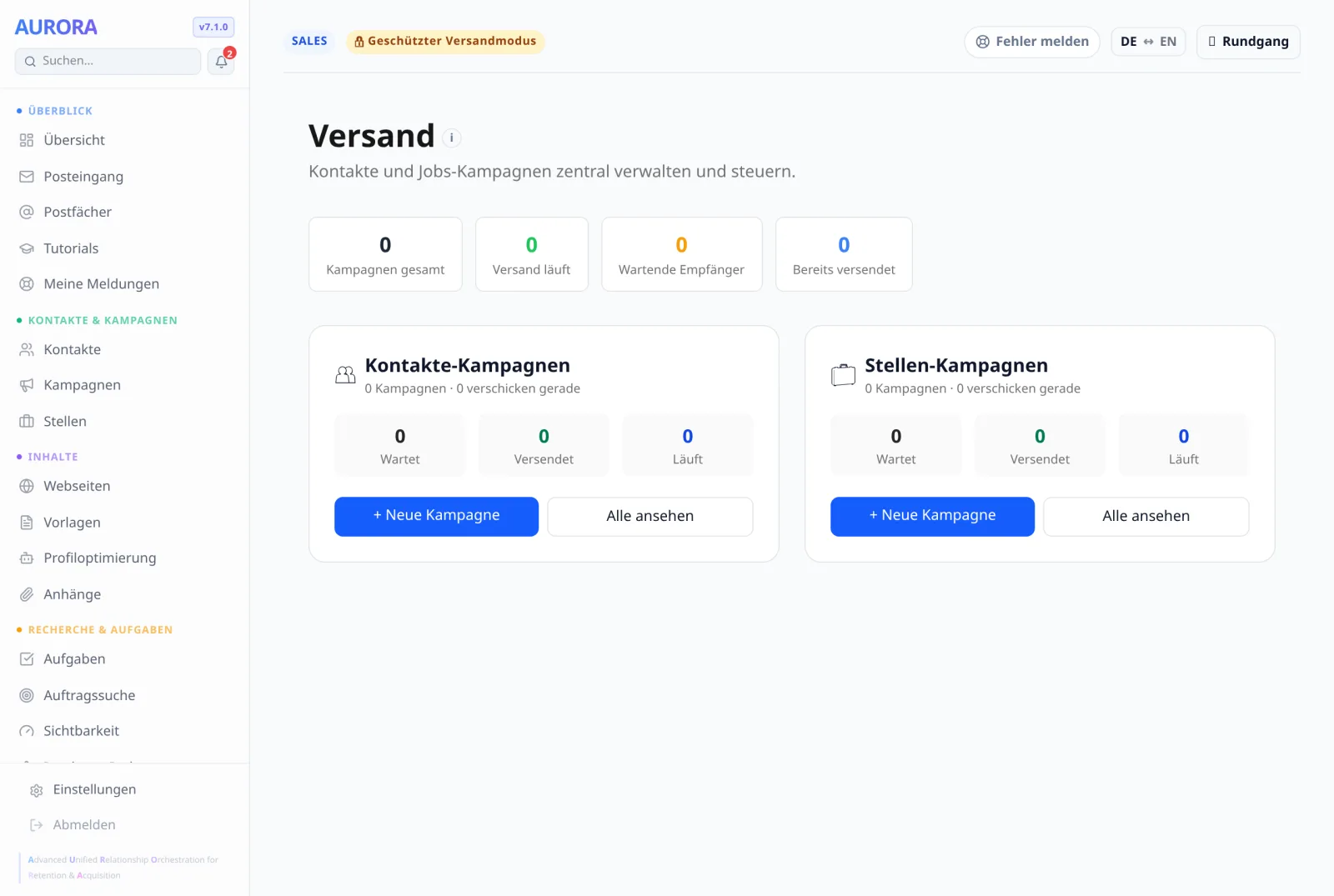 Die Versandzentrale hält beide Arten auseinander: „Kontakte-Kampagnen“ links, „Stellen-Kampagnen“ rechts. Jede Kachel hat ihr eigenes „+ Neue Kampagne“.