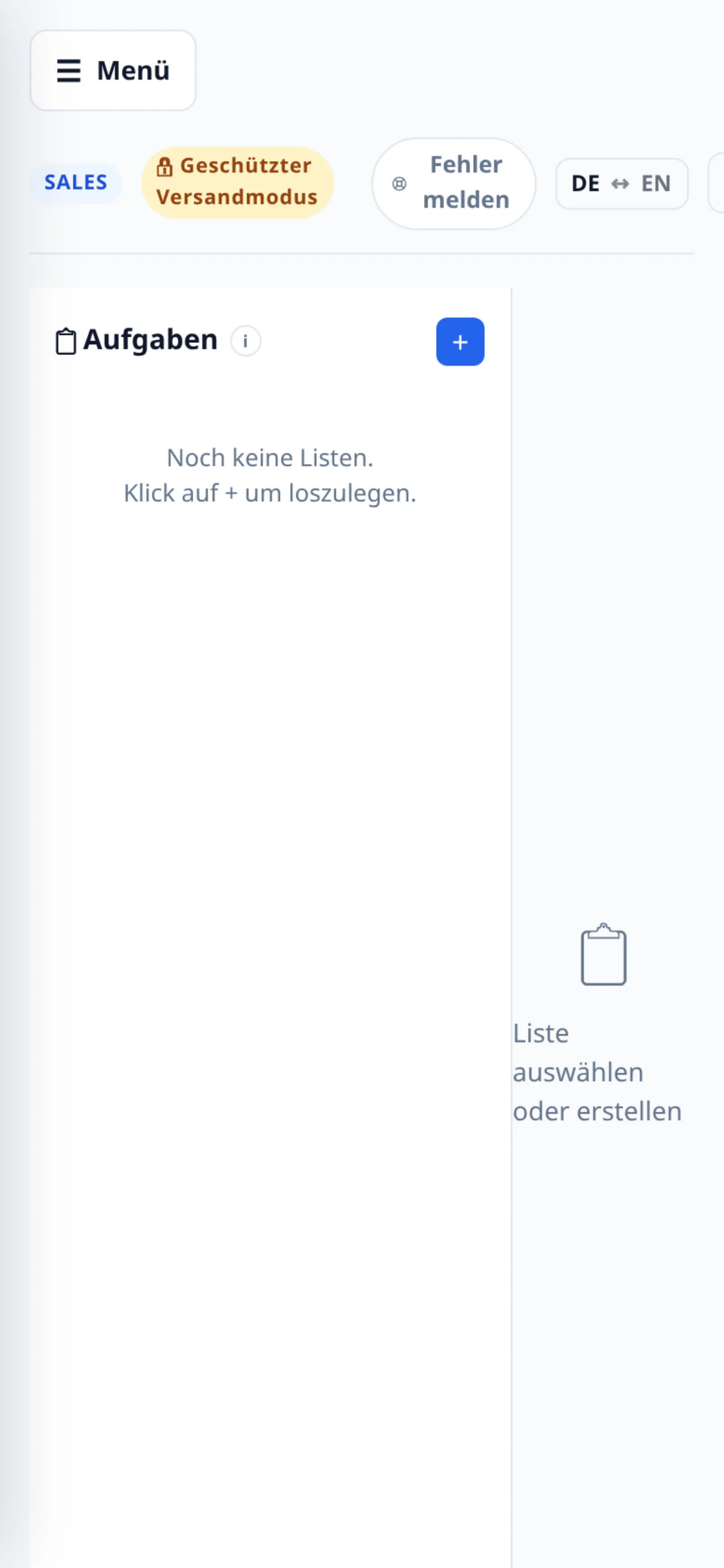 Aufgaben am Handy, solange noch nichts angelegt ist: „Noch keine Listen. Klick auf + um loszulegen.“