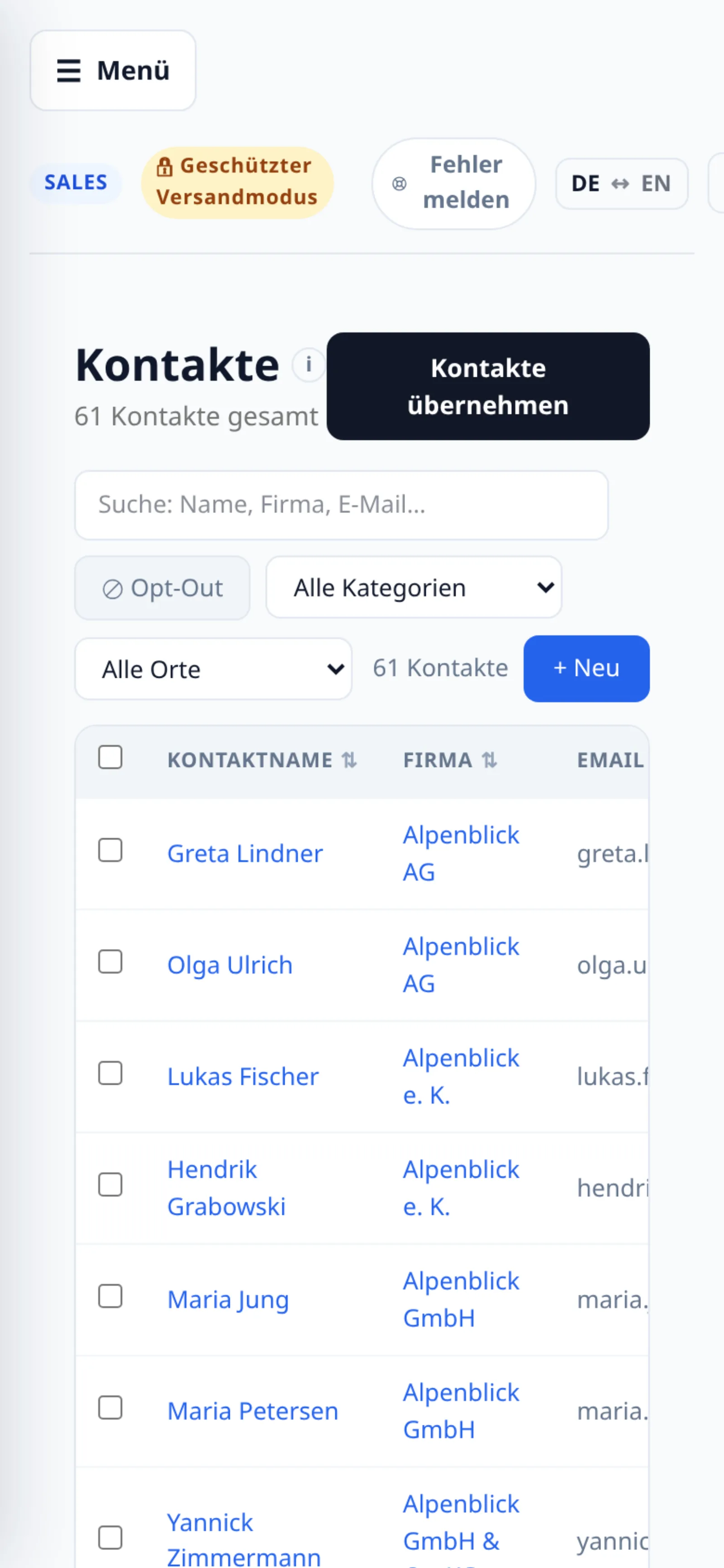 Eine breite Tabelle passt nicht auf einen schmalen Bildschirm: Alles hinter der Spalte FIRMA ist abgeschnitten. Deshalb suchen statt blättern.